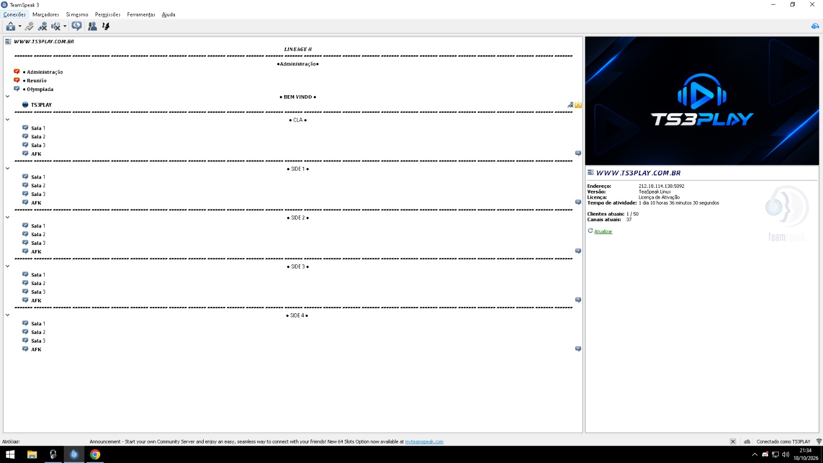 Aluguel de Servidor de TeamSpeak 3.